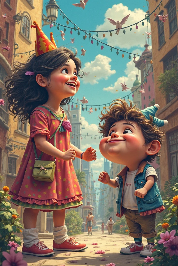 Make a 3D Disney and Pixar Movie Cover, Put an overweight teenager with curly hair and eyes that look a bit like a Japanese person, make him holding a pink haired one in a pink schoolgirl outfit, put him with an evil face, make him hold her in his arms and she looks in love, and above put the name of the movie "Lucas"
