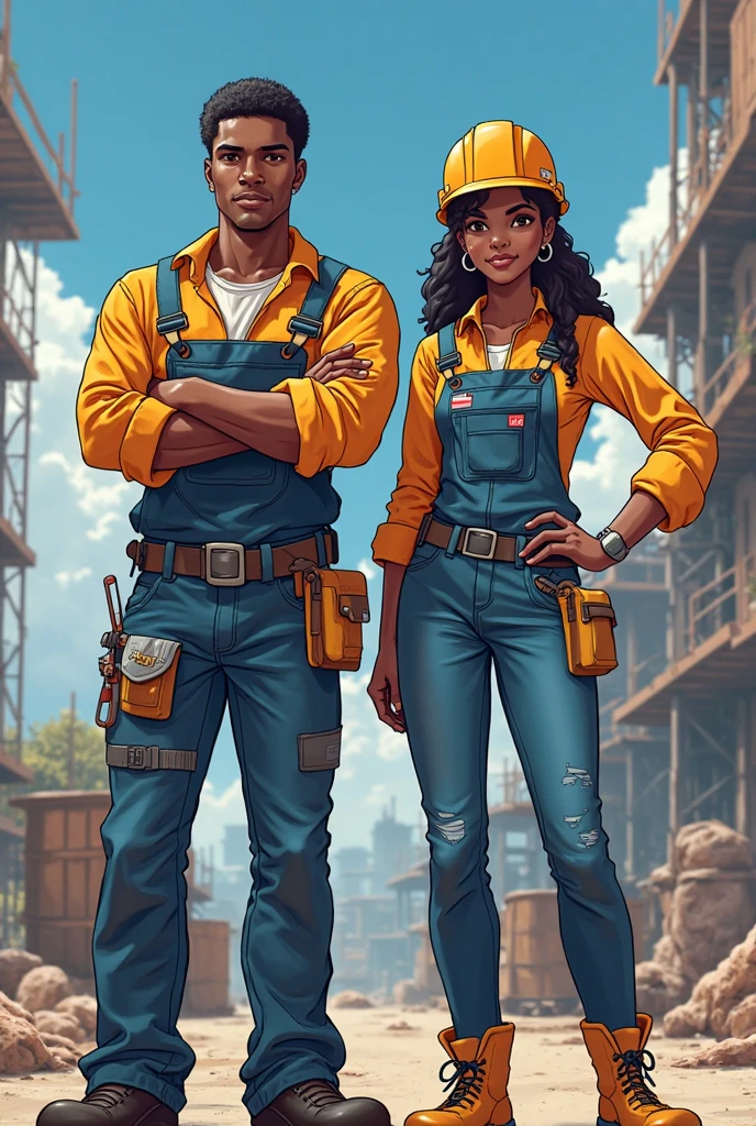 female, sfw, tall, broad shoulders, tan skin, black hair, wavy hair, brown eyes, large breasts, hard hat, plaid shirt, jeans, cleavage, black undershirt, construction site, smile, construction plans, blue plans, hands on table