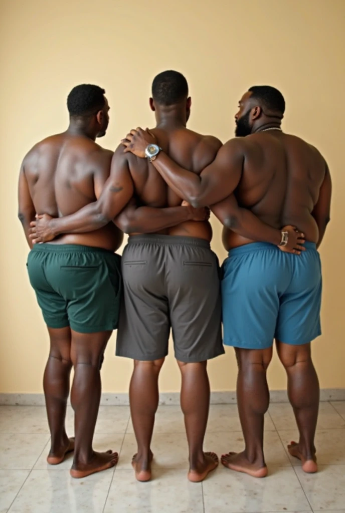view of two 65 year old men, the other a 30 year old strong black man, in a lake, naked with firm and voluminous buttocks covered in sperm from the other, enjoying the view of the lake, bottom boats and fishermen