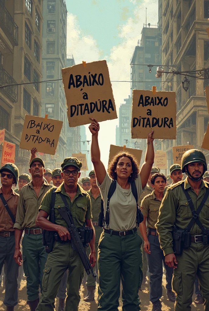 A high-quality Canon DSLR photo of Brazilian metalworkers, men and women, standing firm in front of a modern factory. Their skin and clothing are dirty, with smudges of dirt on their faces, arms, and uniforms, contrasting with the crispness of the image. They hold a blue and white "Campanha Salarial 2024" banner in Portuguese, symbolizing their united struggle for better wages. The photo captures the details of their determined expressions and the texture of the dirt on their skin.