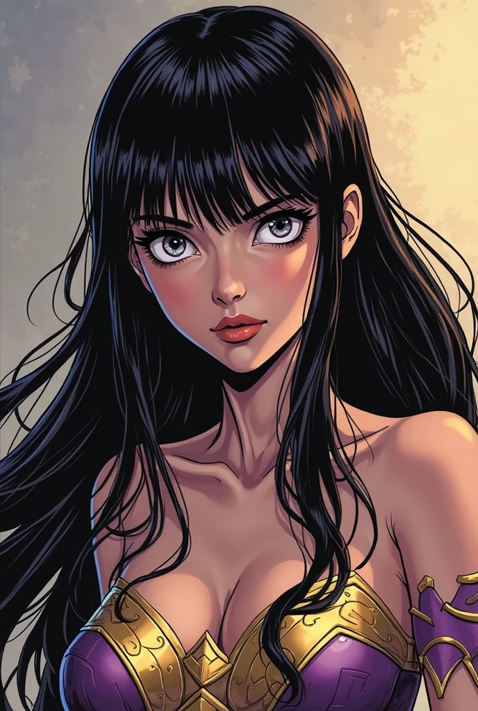 Mucha style illustration, black hair, medium long hair, tan colored skin. 