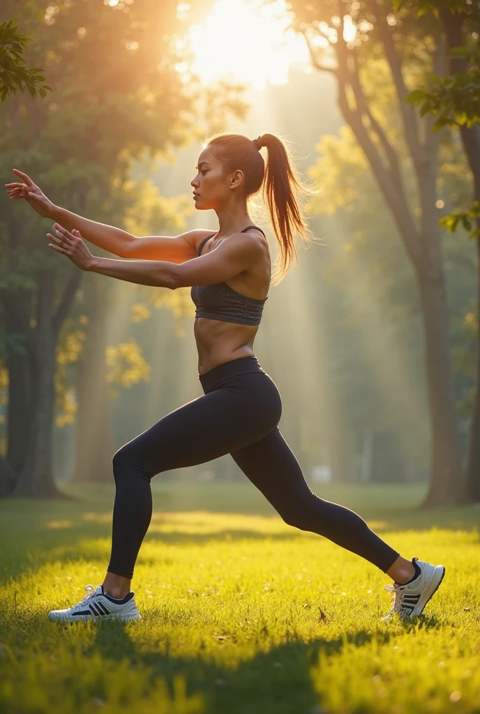 A young woman of approximately 30 years old, performs functional exercises in a sunny park on a beautiful day focusing on her
