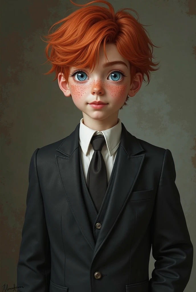 (photorealism:1.2), thin boy, with an eye of a different color, redhead with old and elegant clothes