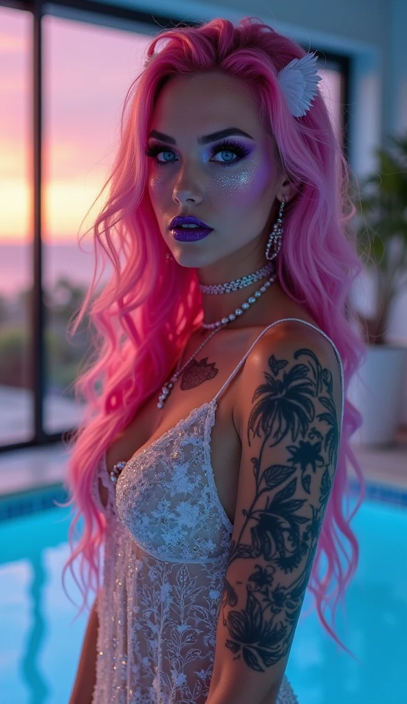 a baddie caramel, latina blasian mixed women with a big booty ,colorful tattoos ,glossy skin extremely long glossy green hair to icey blue hair touching the floor, wearing a black diamond bodice with long beading at the bottom red high heel boots ,she is seating inside she’s in a white crystal shining liquid reflexion, background a group of cut Strawberries they all in the white ice cold liquid, big booty perfect bidy, hourglass shape,medium ,she has a tattoo on her ass that says”OZ”nighttimee