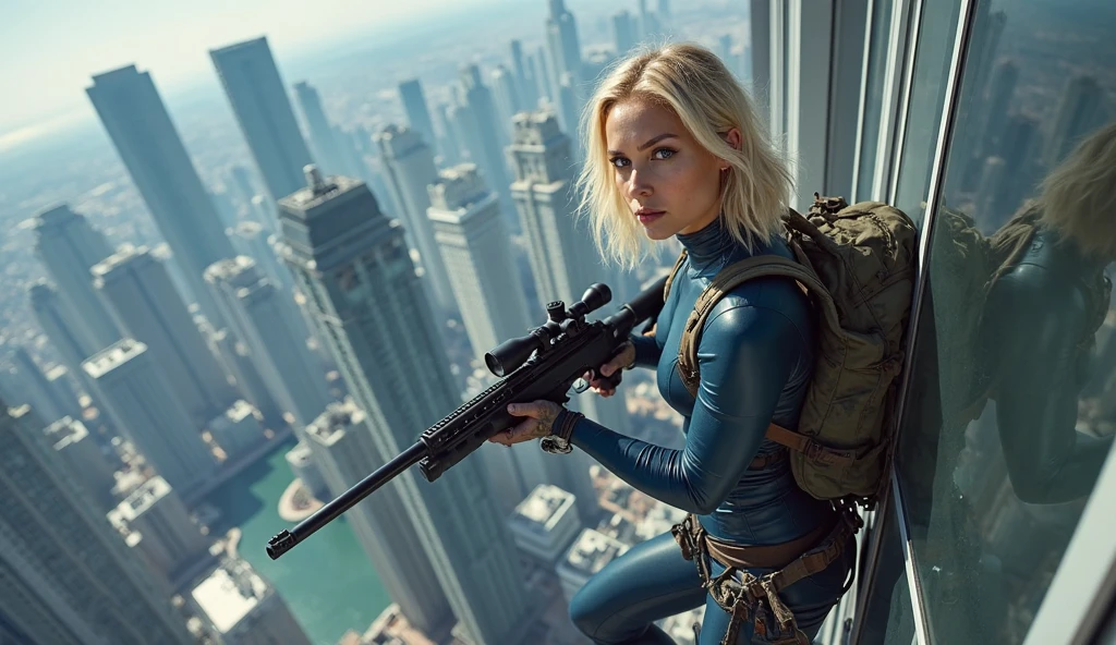 A masterpiece full body image of a woman wearing high heels sandals with a short black dress posing for a picture with her Sniper Barrett .50cal Rifle,  She is on top of an old Russian building. Cinematic lights, high detail, 4k image quality. Looking from above!