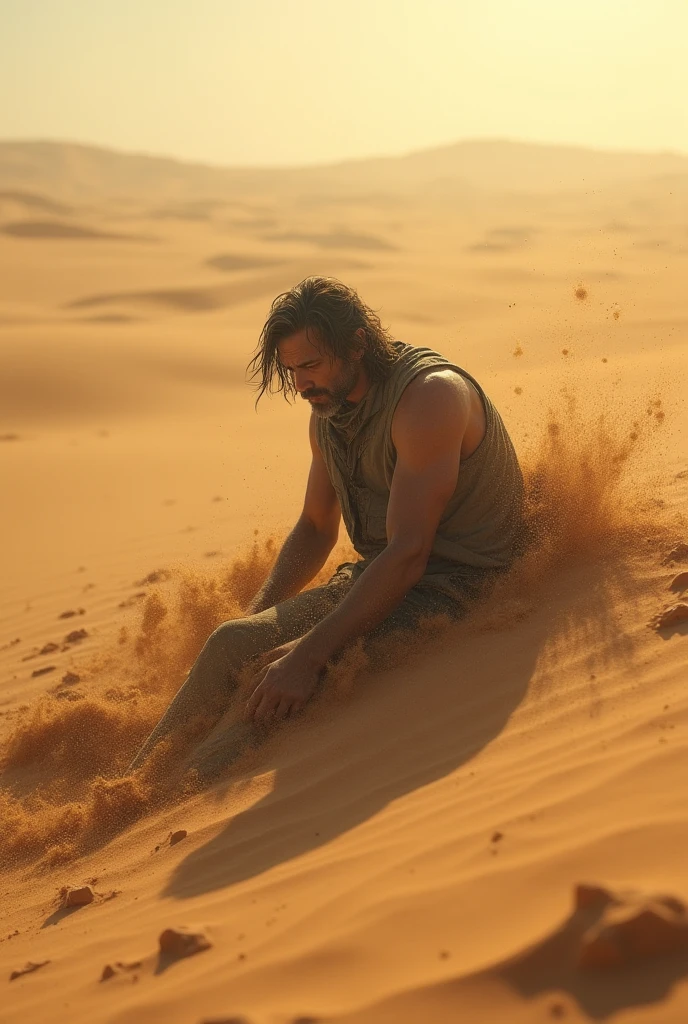 A man swimming in the desert, 4k, the sand moves like waves, landscape photography, Sony A7iii, lente 35mm