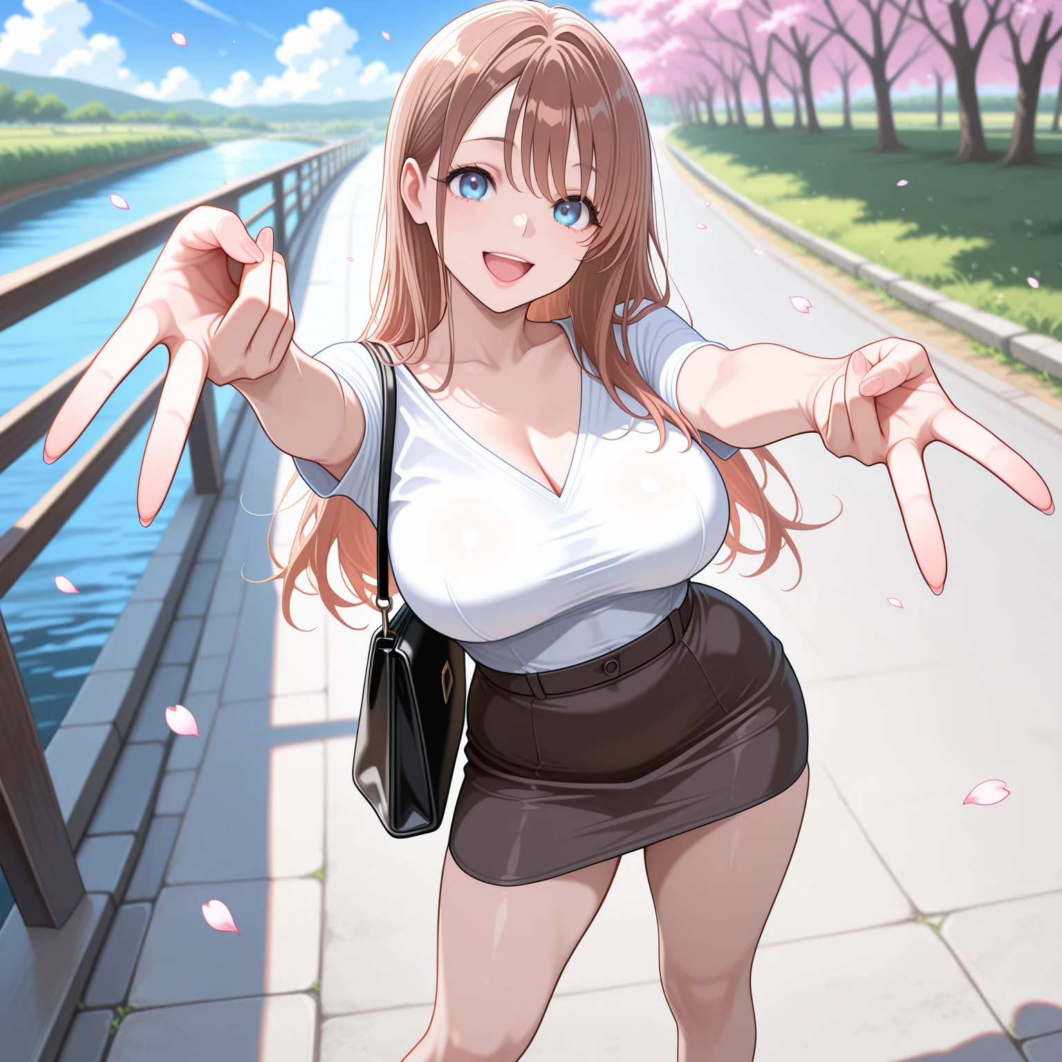 Nagino Sakura, brown eyes, brown hair, hair band, medium length hair, empty eyes , Running, wearing nothing, big anime eyes, , shiny hair, bare-skin, navel, the groin, BREAK in front of convenience store, large breasts、 Nipples, nsfw, nipple , wet, Flooding. sea. solo, Peeing, lactation, projectile lactation
