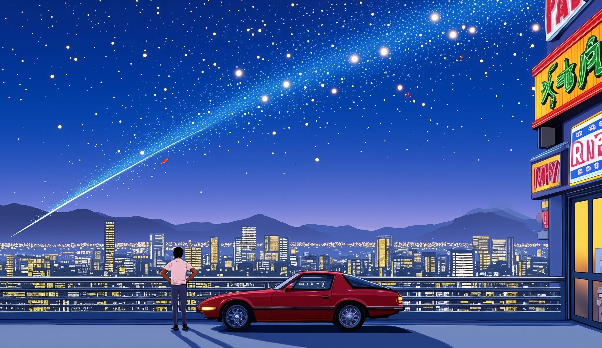 night、starry sky、MAZDA、A man stretches his back and looks up at the moon next to the red Infini RX7、DOWNTOWN、neon
