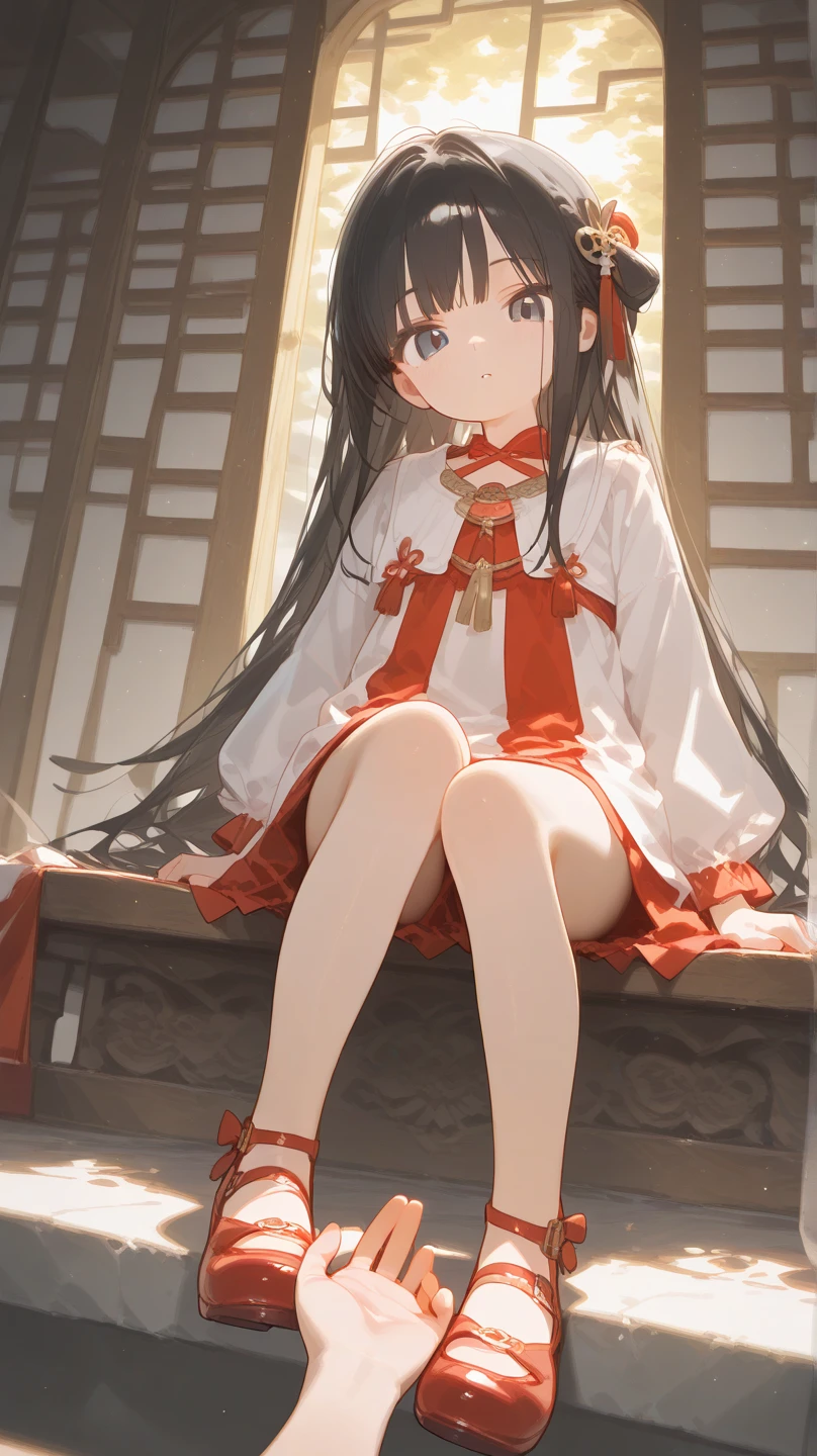 Girls under , under 100 height, dress, small breasts, patterned cotton panties, fabric realistic, black long hair, no jacket, old shrine