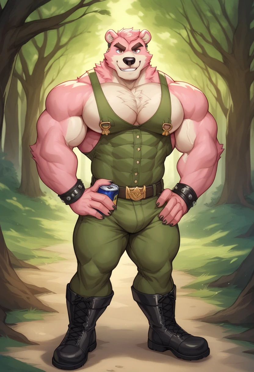 Pristine White fluffy fur dragon, Stocky thick body shape, 173 cm, green lumberjack shirt, The sleeves, rolled up to his elbows, Loose-Fitting dark brown pants, brown leather chest belt strap; solid light pastel green background; in cartoon style