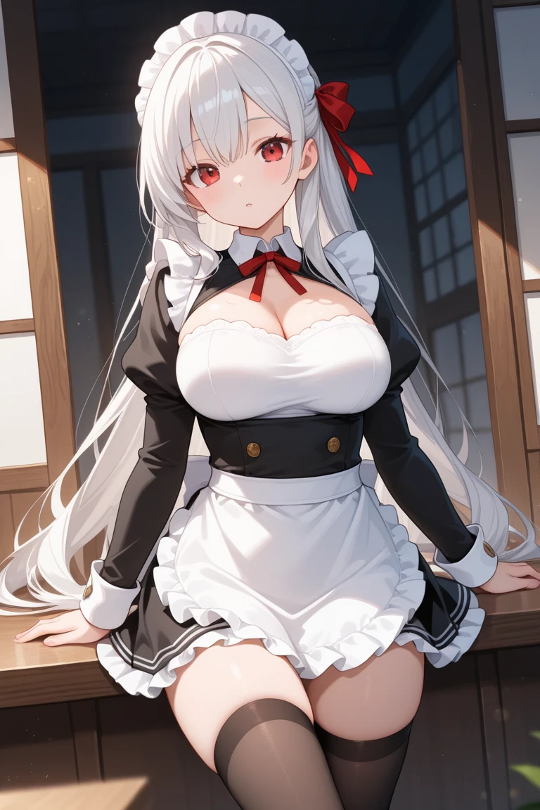 Kizi, Youngh, white skin, long dark hair, eyes red eyes clear, cute smile, Madura, Large breasts and drooping, white short skirt, skirt necklines, Broad Hips, big-ass, Body cute, longsleeve, garter-ribbons, muslos grandes, seducing gaze, one hand on the face, (masterpiece)