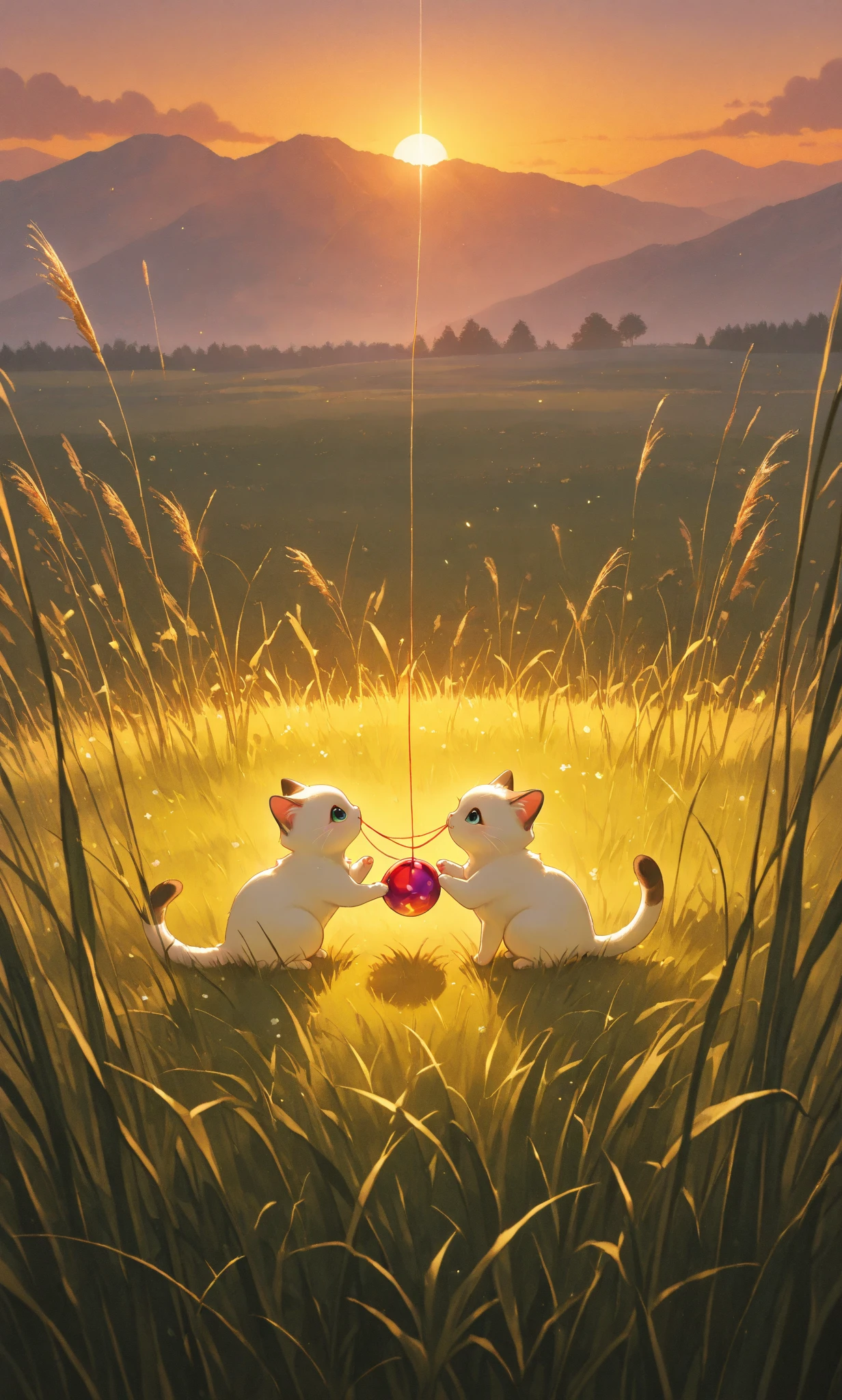 2 kittens, two little kittens between the tall grass, sharing a thread ball toy, sweet, sunset light.
