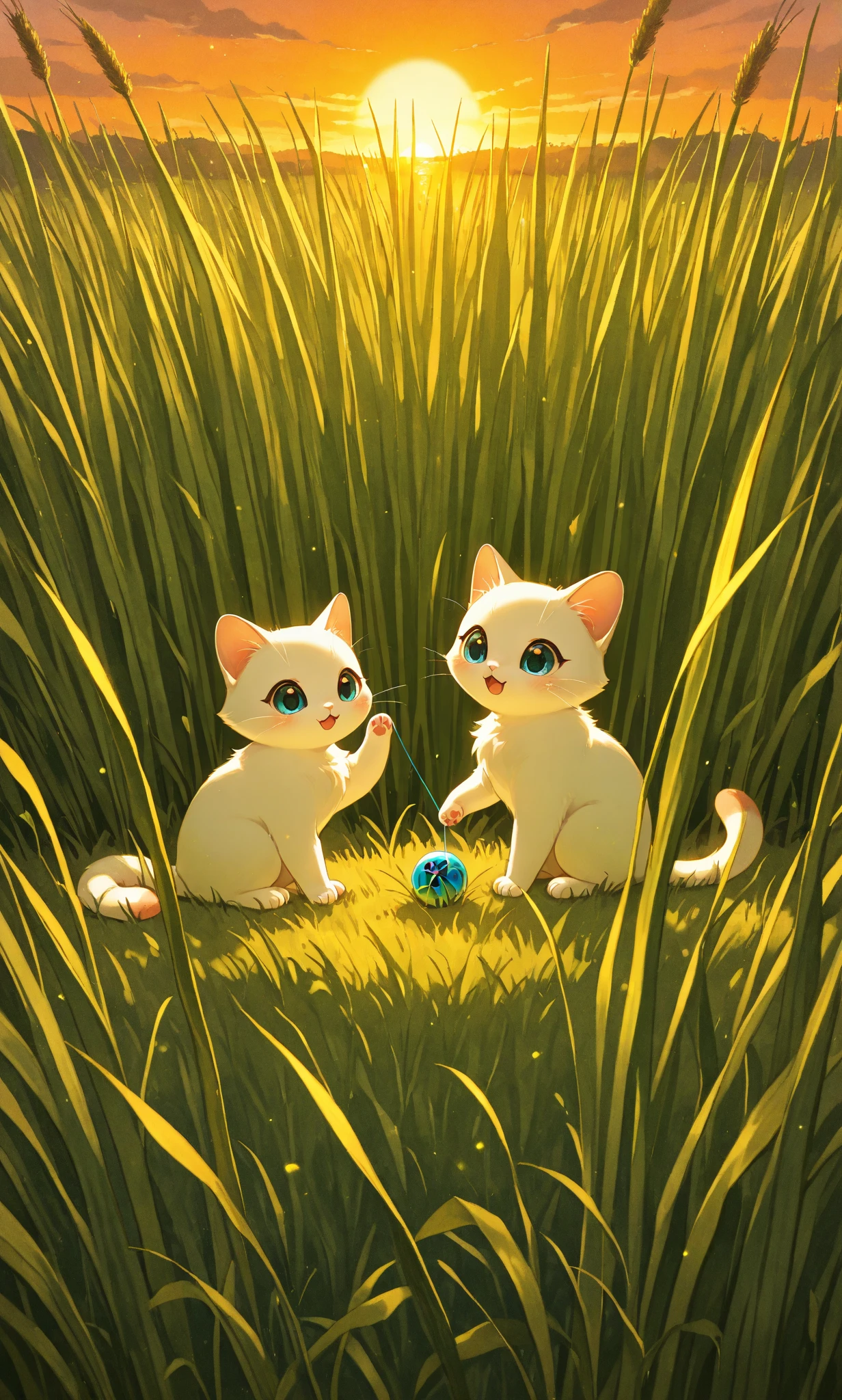 2 kittens, two little kittens between the tall grass, sharing a thread ball toy, sweet, sunset light.