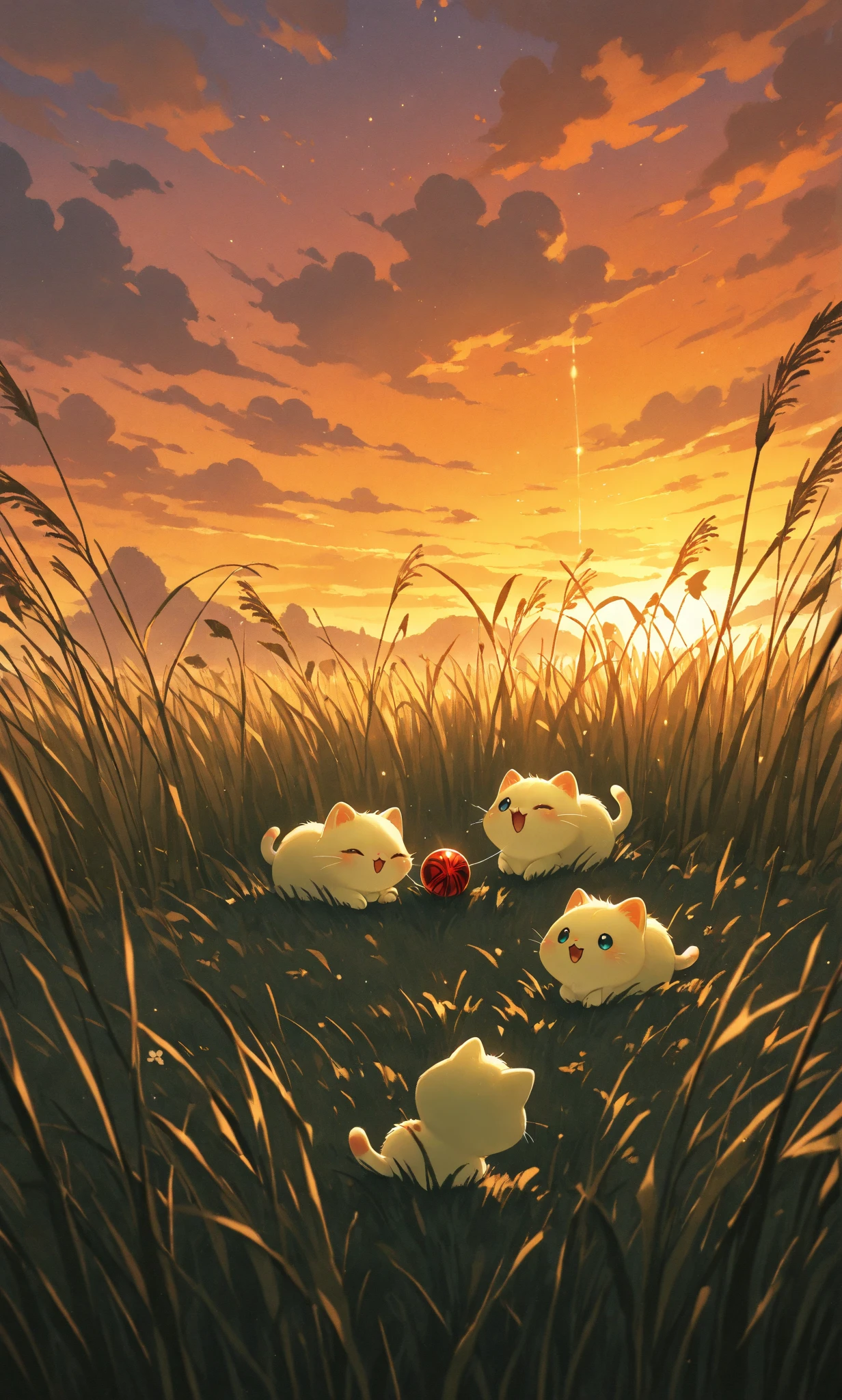 2 kittens, two little kittens between the tall grass, sharing a thread ball toy, sweet, sunset light.