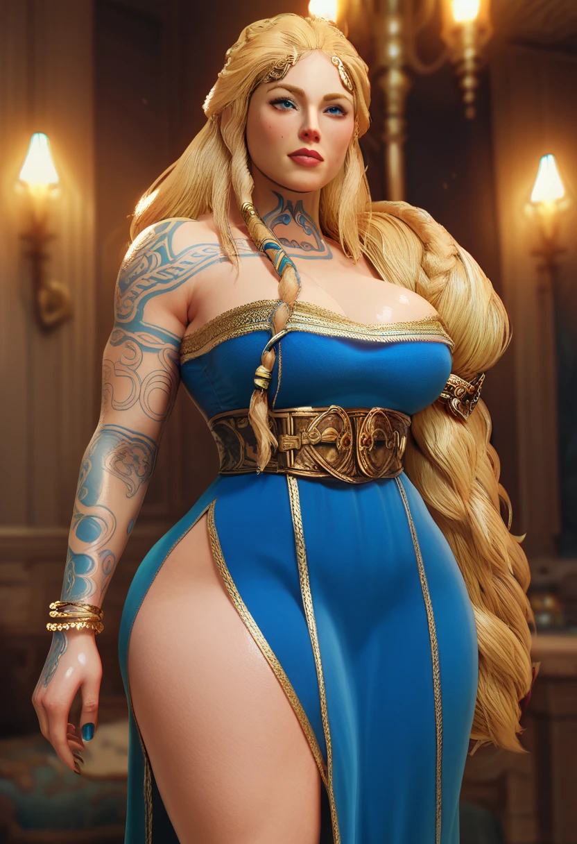 (masterpiece, highly detailed, artstation, absurdres, fantasy), solo, (big head), happy facial expression, (woman dwarf, short body, short legs, broad shoulders, broad waist, fat:1.3), blonde hair in long thick braids, golden face tattoos, bangles, longbow, light armor, blue shirt, brown pants, in a dwarven stronghold, sharp focus, cinematic composition, 