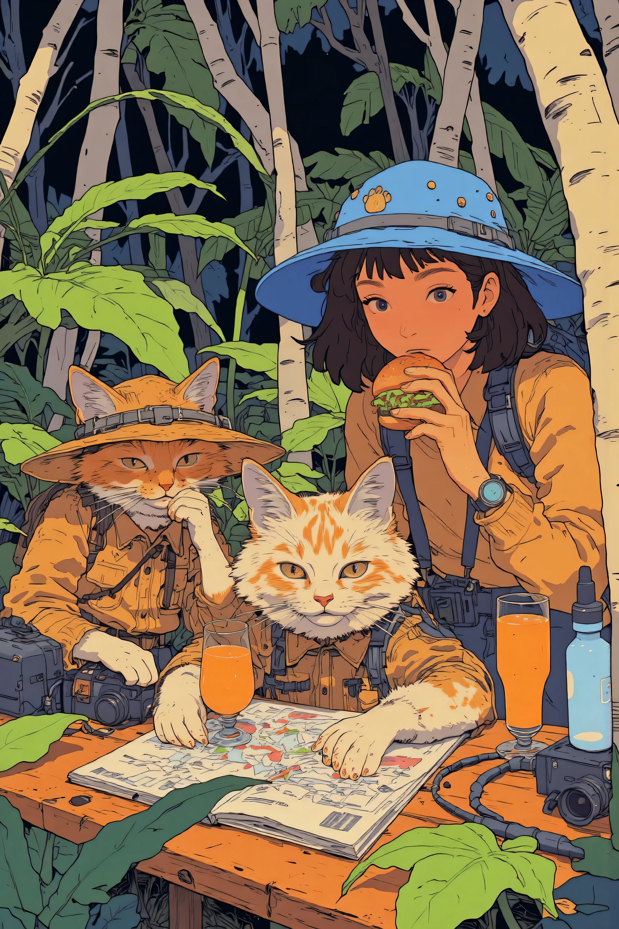A whimsical illustration featuring a group of adorable cats dressed as explorers and a female explorer,Surrounded by lush foliage and camping equipment,The scene is composed of warm earth tones with emerald green accents,Emphasizing the forest environment,In the center, a laid-back cat wearing a safari hat is drinking juice, A relaxed atmosphere with adventurous companions,Another cat clutches a camera and peers through the shutter,Ready for action , A third cat curiously examines a map,Large female explorer in the background,they wear casual clothes, Muttoning a burger with nonchalance, Sitting next to a blue backpack decorated with cat paw print ornaments,Playful chaotic atmosphere, Full of cheerful energy, Suggesting a quirky jungle adventure story,A sense of exploration and laid-back luxury seamlessly blend,full color illustration, Production animation cel,  Color Spread ,A mix of Ghibli art and Moebius style, 2d gouache illustration,Studio Ghibli anime style,  Ghibli Mebius 