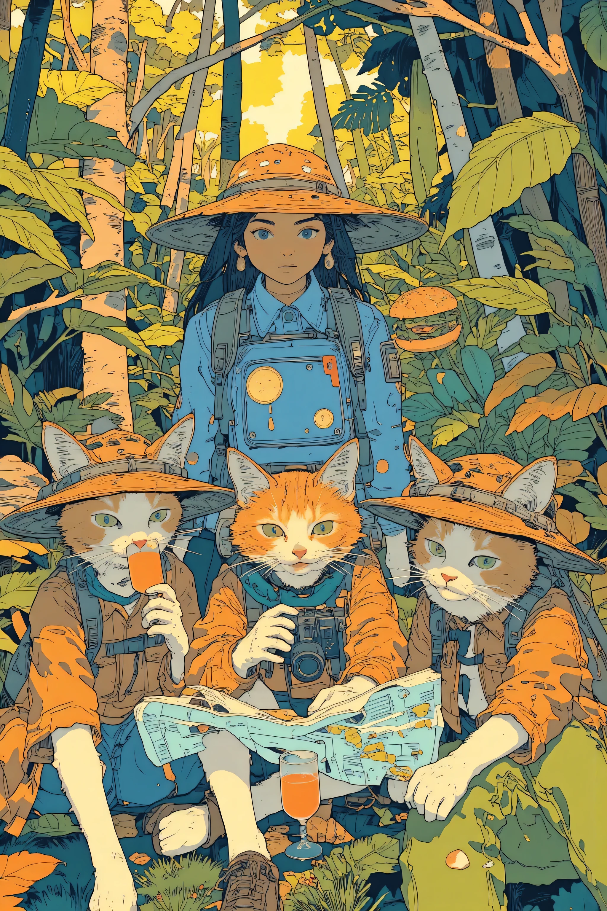A whimsical illustration featuring a group of adorable cats dressed as explorers and a female explorer,Surrounded by lush foliage and camping equipment,The scene is composed of warm earth tones with emerald green accents,Emphasizing the forest environment,In the center, a laid-back cat wearing a safari hat is drinking juice, A relaxed atmosphere with adventurous companions,Another cat clutches a camera and peers through the shutter,Ready for action , A third cat curiously examines a map,Large female explorer in the background,they wear casual clothes, Muttoning a burger with nonchalance, Sitting next to a blue backpack decorated with cat paw print ornaments,Playful chaotic atmosphere, Full of cheerful energy, Suggesting a quirky jungle adventure story,A sense of exploration and laid-back luxury seamlessly blend,full color illustration, Production animation cel,  Color Spread ,A mix of Ghibli art and Moebius style, 2d gouache illustration,Studio Ghibli anime style,  Ghibli Mebius 