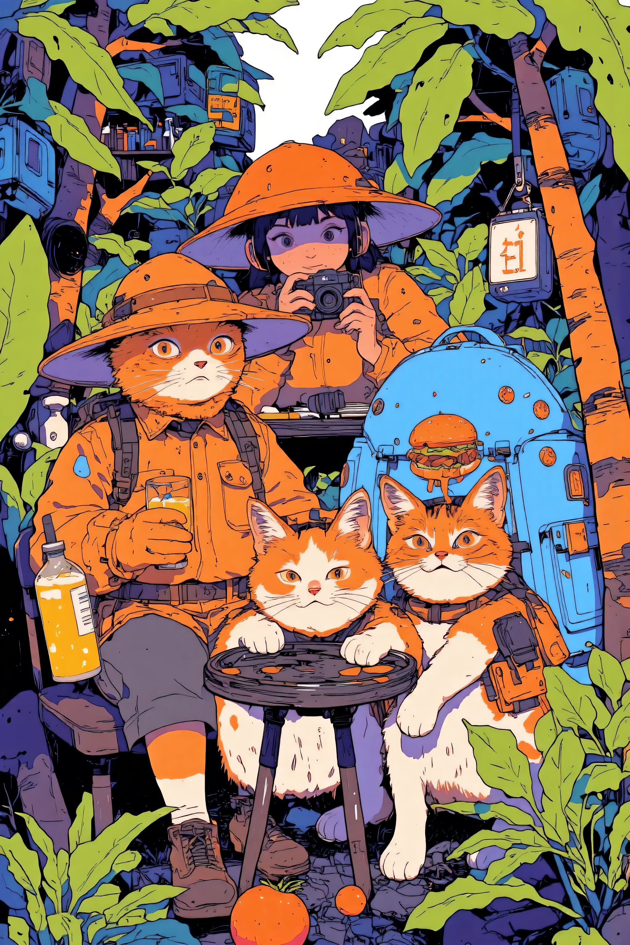 A whimsical illustration featuring a group of adorable cats dressed as explorers and a female explorer,Surrounded by lush foliage and camping equipment,The scene is composed of warm earth tones with emerald green accents,Emphasizing the forest environment,In the center, a laid-back cat wearing a safari hat is drinking juice, A relaxed atmosphere with adventurous companions,Another cat clutches a camera and peers through the shutter,Ready for action , A third cat curiously examines a map,Large female explorer in the background,they wear casual clothes, Muttoning a burger with nonchalance, Sitting next to a blue backpack decorated with cat paw print ornaments,Playful chaotic atmosphere, Full of cheerful energy, Suggesting a quirky jungle adventure story,A sense of exploration and laid-back luxury seamlessly blend,full color illustration, Production animation cel, Color Spread ,A mix of Ghibli art and Moebius style, 2d gouache illustration,Studio Ghibli anime style, Ghibli Mebius