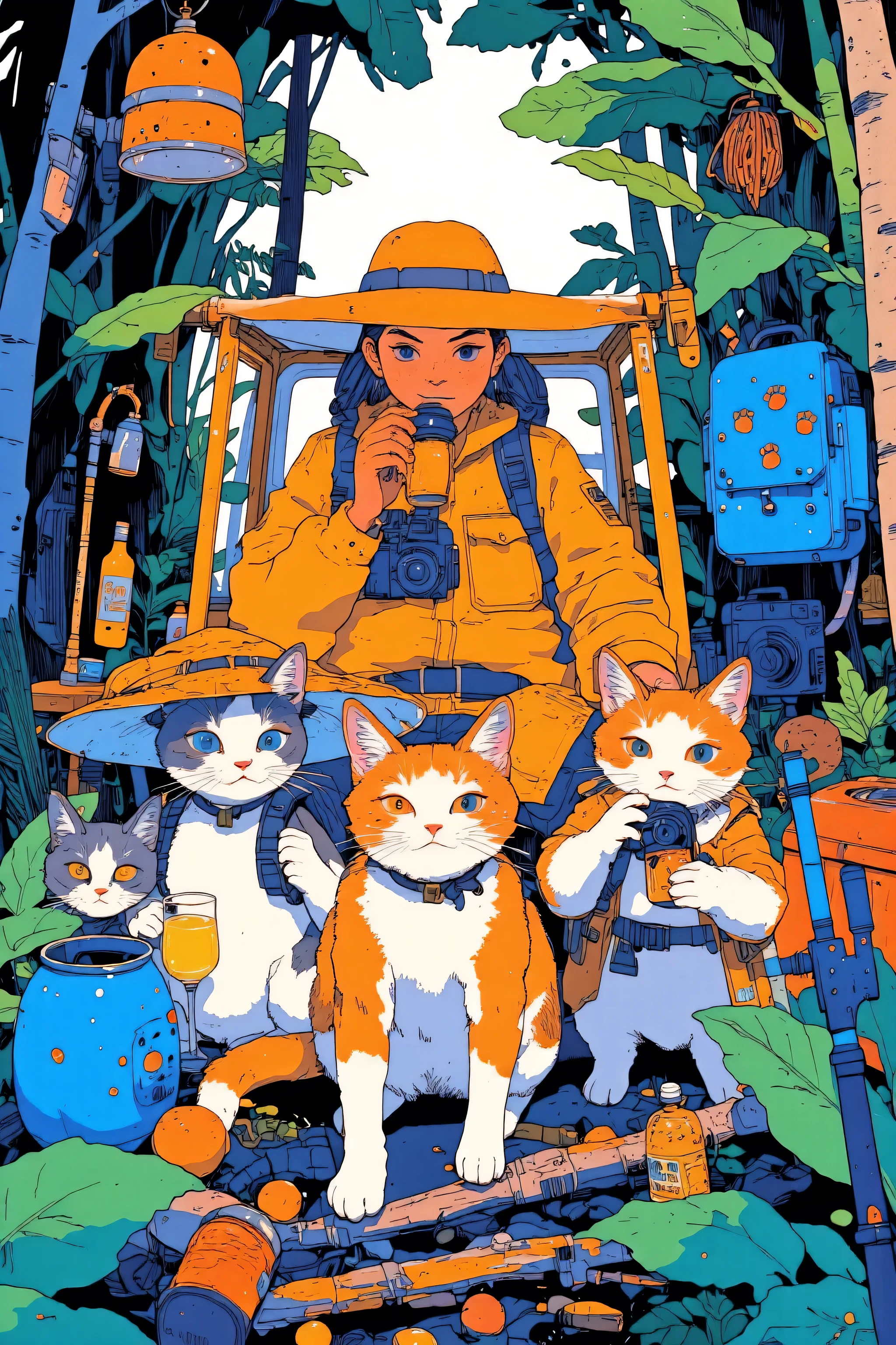 A whimsical illustration featuring a group of adorable cats dressed as explorers and a female explorer,Surrounded by lush foliage and camping equipment,The scene is composed of warm earth tones with emerald green accents,Emphasizing the forest environment,In the center, a laid-back cat wearing a safari hat is drinking juice, A relaxed atmosphere with adventurous companions,Another cat clutches a camera and peers through the shutter,Ready for action , A third cat curiously examines a map,Large female explorer in the background,they wear casual clothes, Muttoning a burger with nonchalance, Sitting next to a blue backpack decorated with cat paw print ornaments,Playful chaotic atmosphere, Full of cheerful energy, Suggesting a quirky jungle adventure story,A sense of exploration and laid-back luxury seamlessly blend,full color illustration, Production animation cel,  Color Spread ,A mix of Ghibli art and Moebius style, 2d gouache illustration,Studio Ghibli anime style,  Ghibli Mebius 