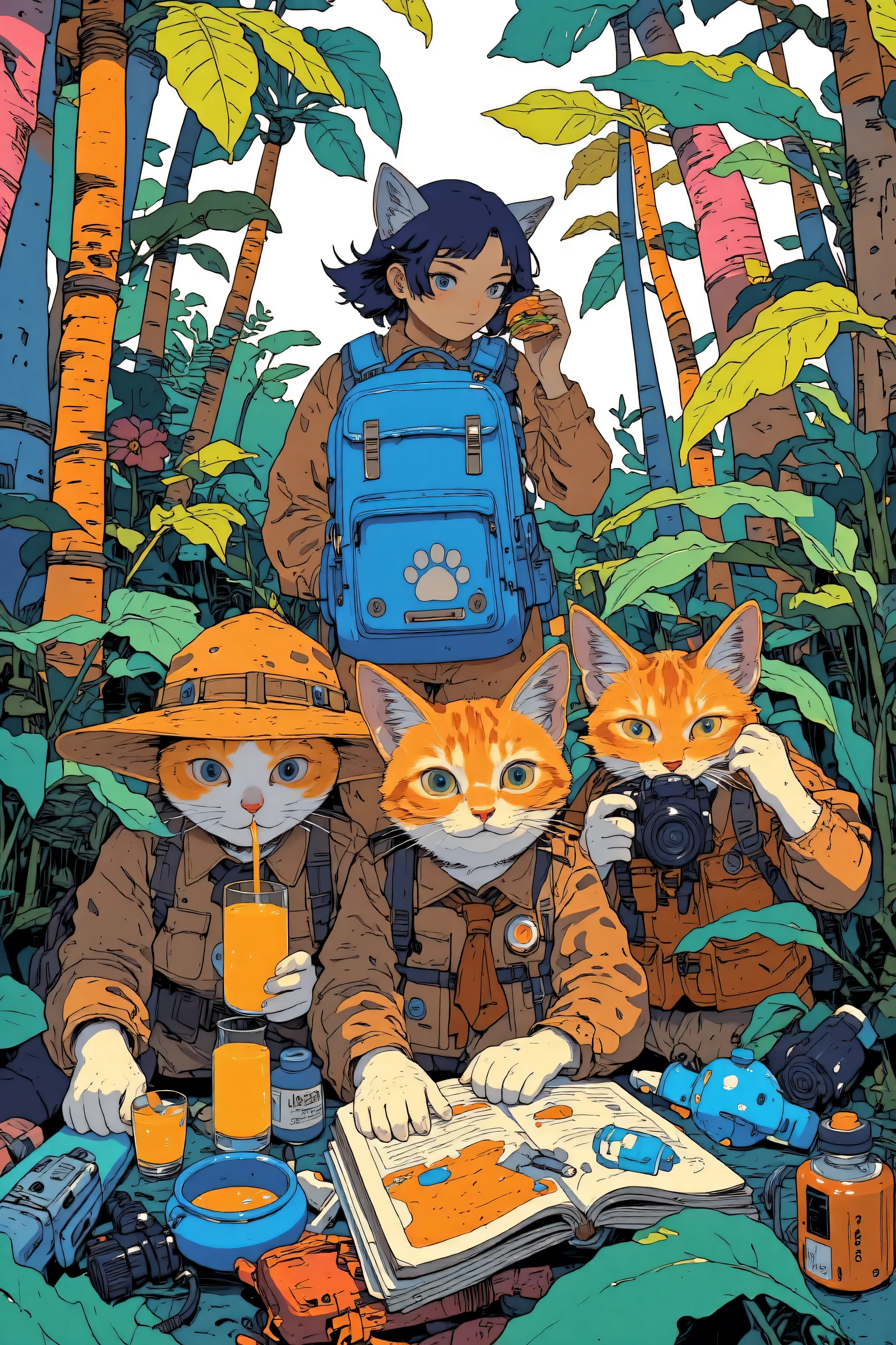 A whimsical illustration featuring a group of adorable cats dressed as explorers and a female explorer,Surrounded by lush foliage and camping equipment,The scene is composed of warm earth tones with emerald green accents,Emphasizing the forest environment,In the center, a laid-back cat wearing a safari hat is drinking juice, A relaxed atmosphere with adventurous companions,Another cat clutches a camera and peers through the shutter,Ready for action , A third cat curiously examines a map,Large female explorer in the background,they wear casual clothes, Muttoning a burger with nonchalance, Sitting next to a blue backpack decorated with cat paw print ornaments,Playful chaotic atmosphere, Full of cheerful energy, Suggesting a quirky jungle adventure story,A sense of exploration and laid-back luxury seamlessly blend,full color illustration, Production animation cel, Color Spread ,A mix of Ghibli art and Moebius style, 2d gouache illustration,Studio Ghibli anime style, Ghibli Mebius