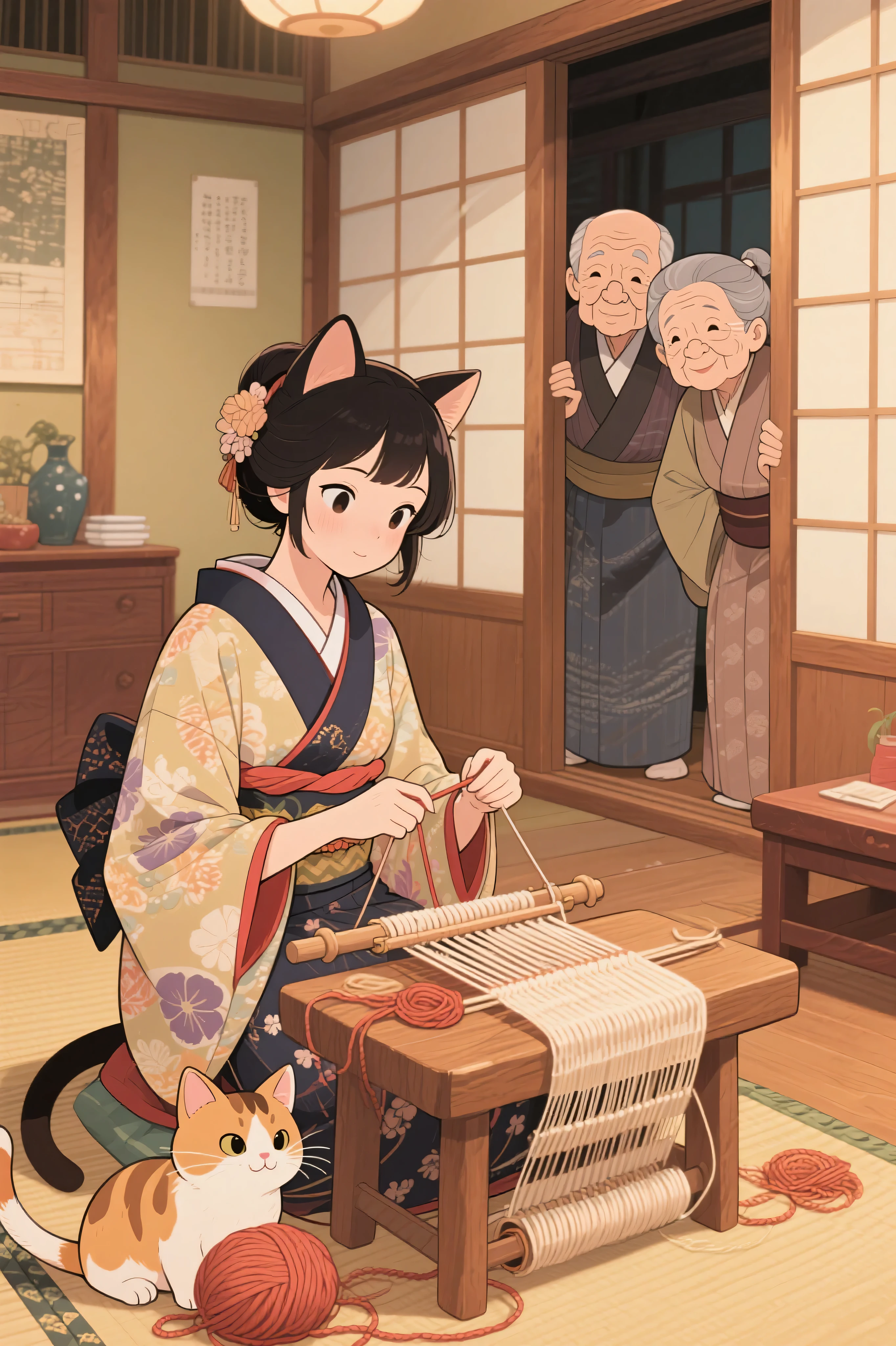 (The cat returns the favor :1.2),Please draw a scene where the cat becomes a human woman and returns the favor、mainly depict a scene where the cat weaves、It's a Japanese fairy tale。That cat、機織りをしているあいだは部屋を覗いてはいけないと言いましたが、The old couple succumbs to curiosity and、peeks into the room。I said you shouldn't look into the room while they are weaving。cats weave to help the elderly couple's household finances