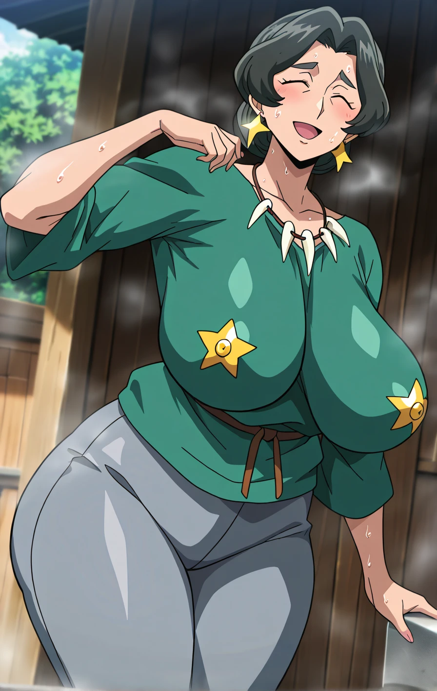 gigantic breasts,bursting breasts,cleavage cutout,cute smile,shy,one eye closed, around city ,masterpiece, best quality, 1girl, Chie satinaka cosplay as mii brown hair, short hair, blue eyes, earrings,, bikini, large breasts, cleavage, upper body, smile, , looking at viewer, simple background, retro artstyle, 1980s \(style\), 1990s \(style\),man in between breasts,dance,at night