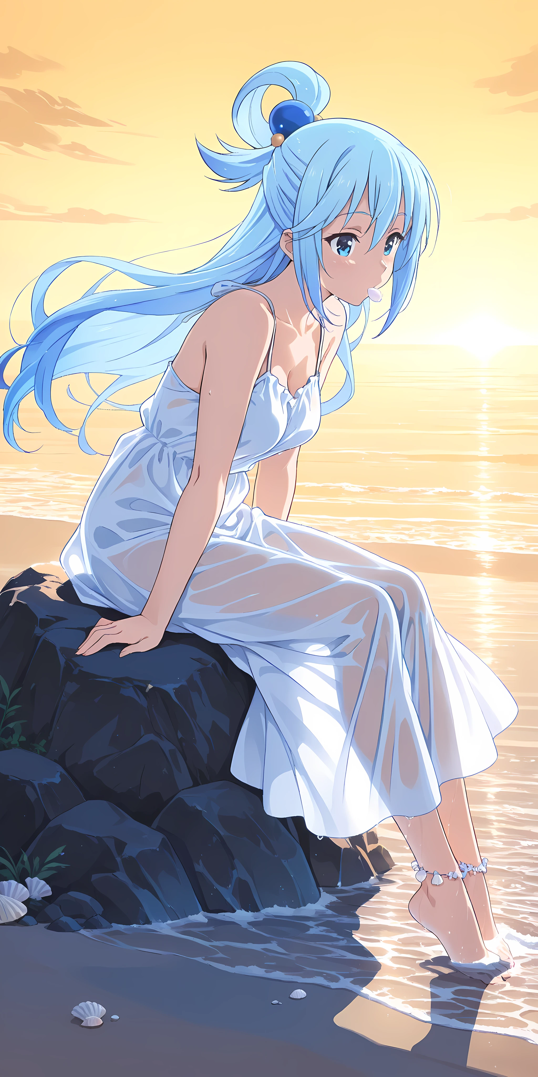 (masterpiece, best quality, ultra-detailed, high-resolution, anime style, soft ambient light), original anime-style female character inspired by Aqua (from Konosuba), long light blue hair tied in a loose bun with strands blowing in the wind, light blue eyes looking at the horizon with a serene expression, wearing a light white summer dress, partially wet, fabric clinging to the legs, without exaggerated transparency, bare feet, arms resting behind the body, sitting on the damp sand, where the sea meets the beach, small waves touching her ankles, shells and small stones around, golden sky of the late afternoon, soft reflections in the water, light breeze ruffling the dress and hair, calm, nostalgic and contemplative atmosphere, artistic slice of life style