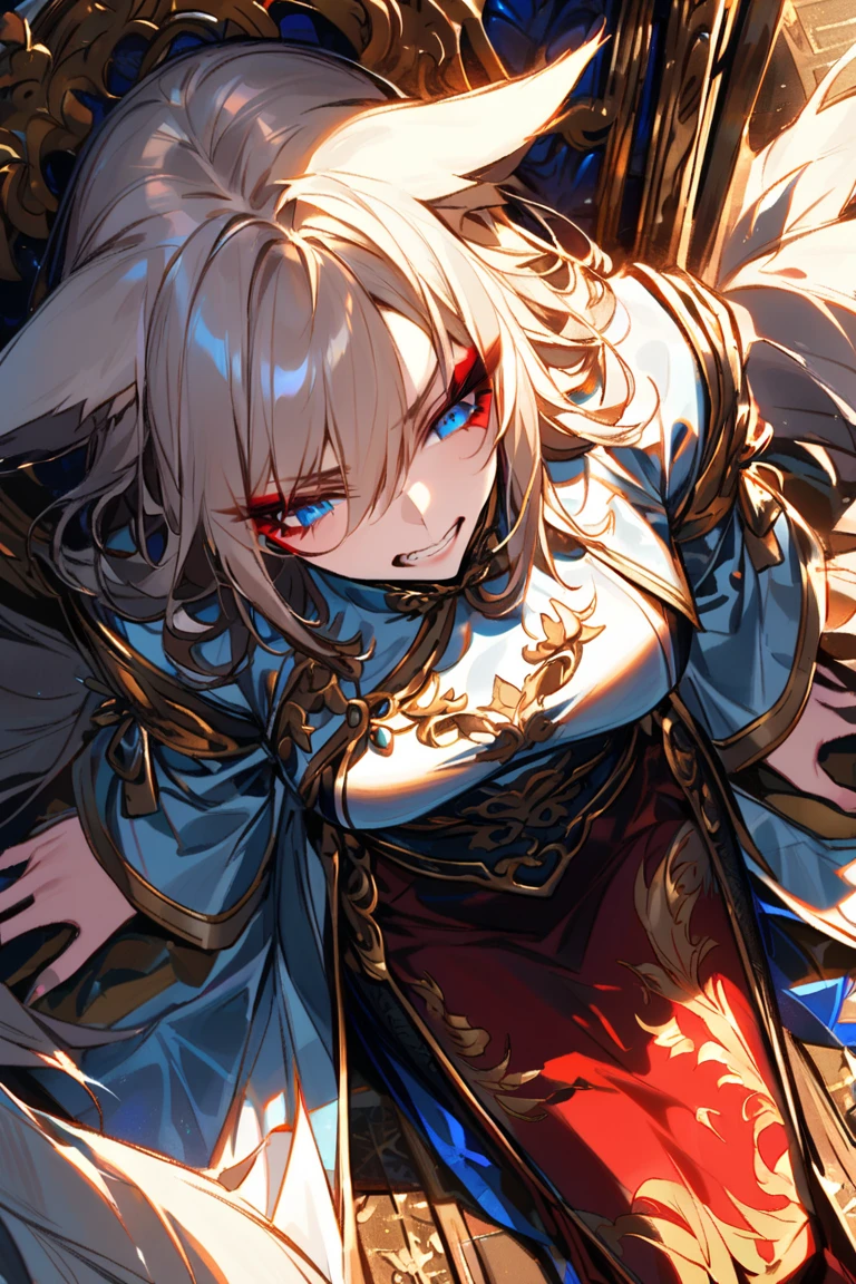(masterpiece, best quality, perfect face, expressive eyes), 1girl, (anime), (adult), blonde hair, pinkish-red eyes, chinese general clothes, small breasts, gold breastplate, golden chinese armor, ponytail, gold hairpin, intricate details,
