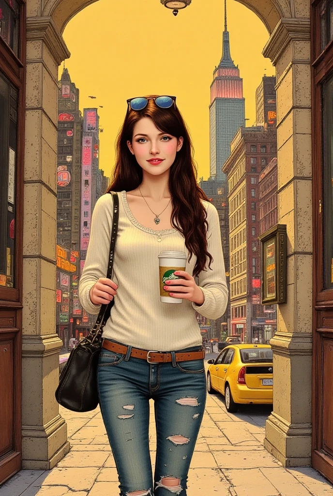 artwork, highest quality, illustration), torso, alone, smiling, long black hair, brown eyes, white sweater, black jeans, cleavage, in front of a bus stop 