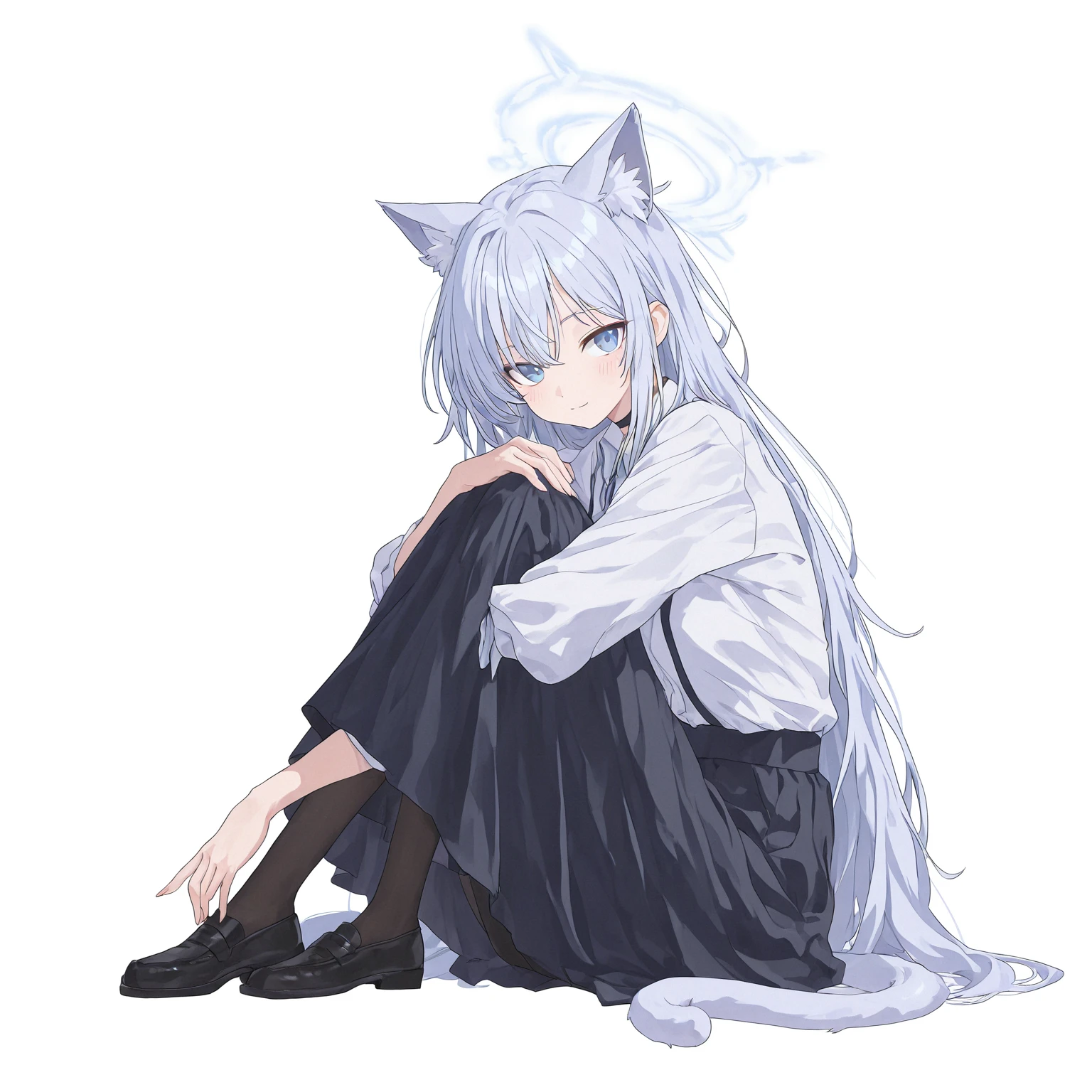 Anime girl with long white hair sitting on bed with cat ears, From Arknights, White-haired fox, onmyoji portrait, white-haired god, with red glowing eyes, white haired Cangcang, nightcore, with glowing red eyes, from girls frontline, onmyoji, Official artwork, White-haired, anime moe art style, no type, style of anime4 K