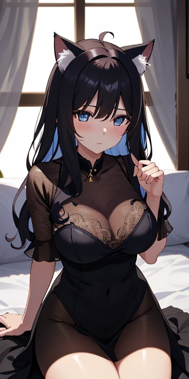 ((masterpiece)), (Highest quality、8K), (Simple style), Big Breasts, Swinging Big , Wearing a face stolen from someone else, No sleeve, Sleeveless, Off the shoulder, Black Dress, Pleated lace, Lace dress, 白タイツ. whole body, Luxurious Room, NSFW