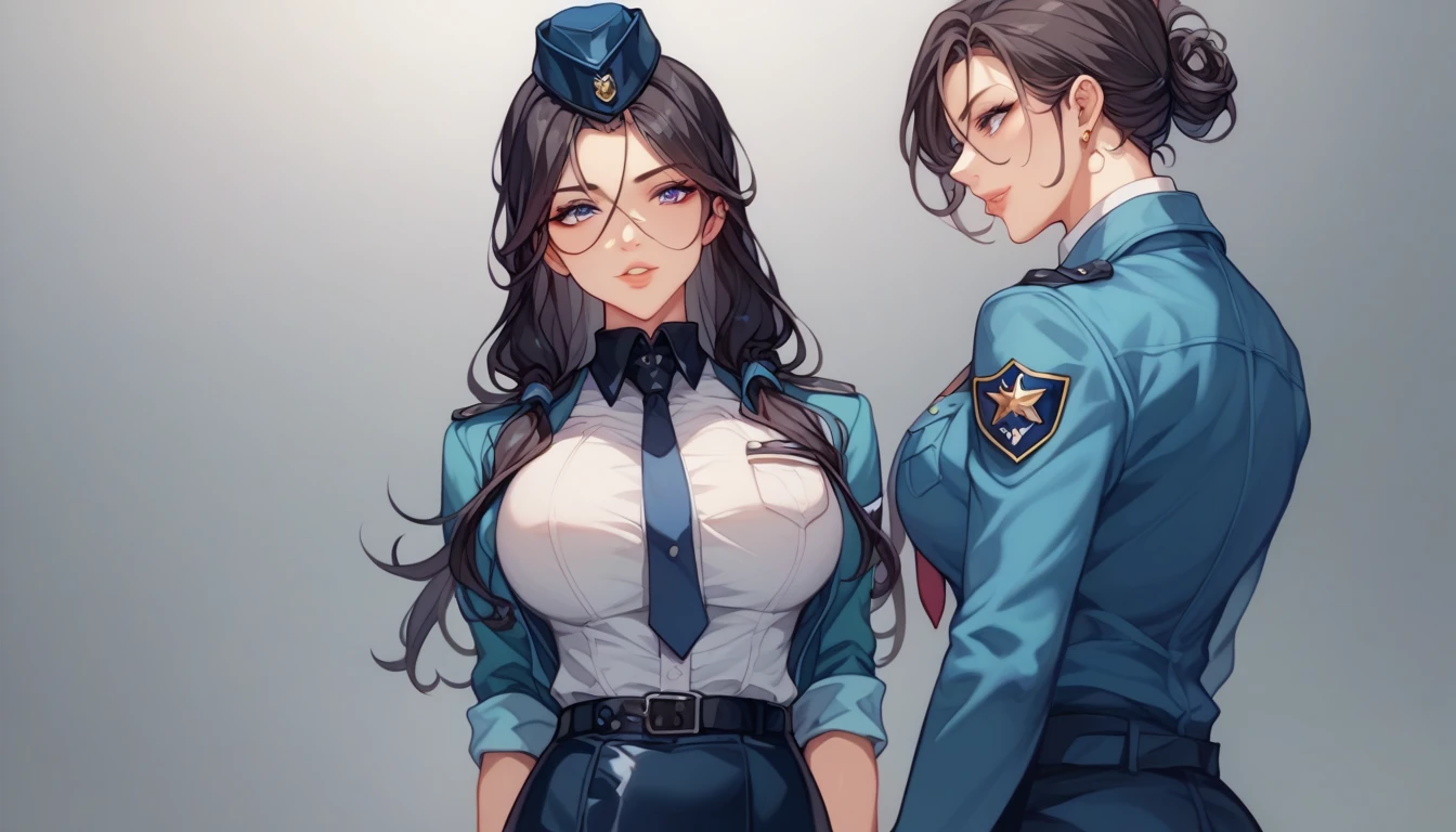 Female Boss,Years on,Black Hair,Droopy eyes,Gentle face,Large Breasts,Cleavage,Jacket, White shirt, belt, uniform, Blue Skirt, army, formal, blue Jacket,Pencil Skirt,Fishnet tights,Purple intricate lace and lingerie
