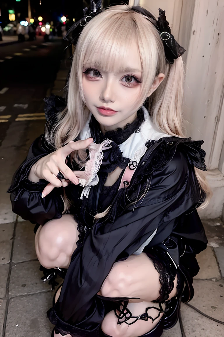 women with black dress holding an umbrella, women wearing a black dress, grey hair, drill hair, red eyes, normal eyes, normal hand