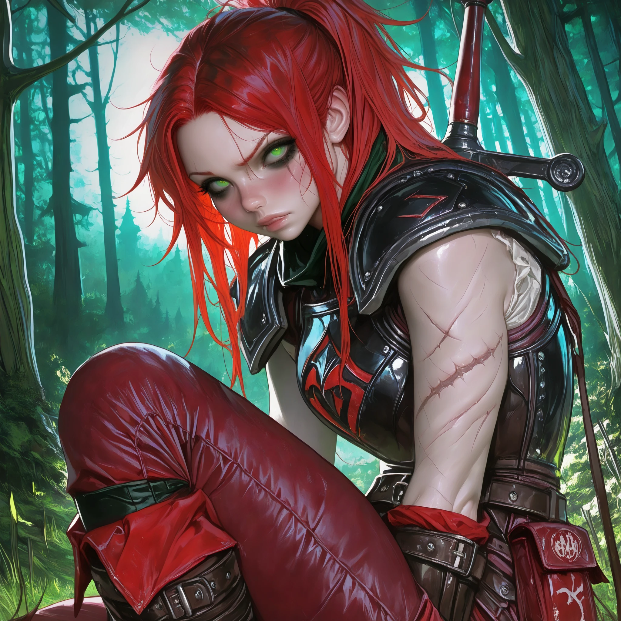 (tangobat:0.7),(Sakimichan:0.7),(High CT quality,4k,High resolution,main piece:2.3),(Very detailed,Realistic:1.37,Best quality,masterpiece, high resolution,on_body), (Tyndall effect,photorealistic, Edge lighting, Two-color lighting),(high definition skin:2.3), (8K UHD, DSLR quality, soft lighting, high quality, surround lighting, sincere, de 8K , 4K, 8K.) a woman with pale skin. She has an androgynous physique. (SCARLET RED HAIR) She has red kinky messy hair gathered in a ponytail, no bangs.  (GREEN EYES) She has green gloomy eyes with bruises under her eyes. She has a long scar across her face. there is a scar on his cheek, on his lip and a split eyebrow.  she has a red fresh bloody scratches all ower her face. She is wearing a loose-fitting shirt, trousers with lacing on the sides, and a belt with a pouch.  She is wearing medieval leather armor, shoulder pads, breastplate, bracers, and leather gloves. She's wearing comfortable knee-high boots. She has two medieval swords on her back.  Background : a wild gloomy forest, a campfire that is pitched in the middle of the forest nearby ruins of thw tower.