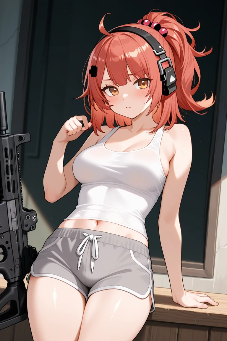 masterpiece, best quality, ultra detailed,   elster, cyborg, 1girl, solo, blue eyes, short hair, blue layered tank tops, jeans, and combat boots, covered navel, holster aiming at viewer, handgun, holding pistol, upper body,