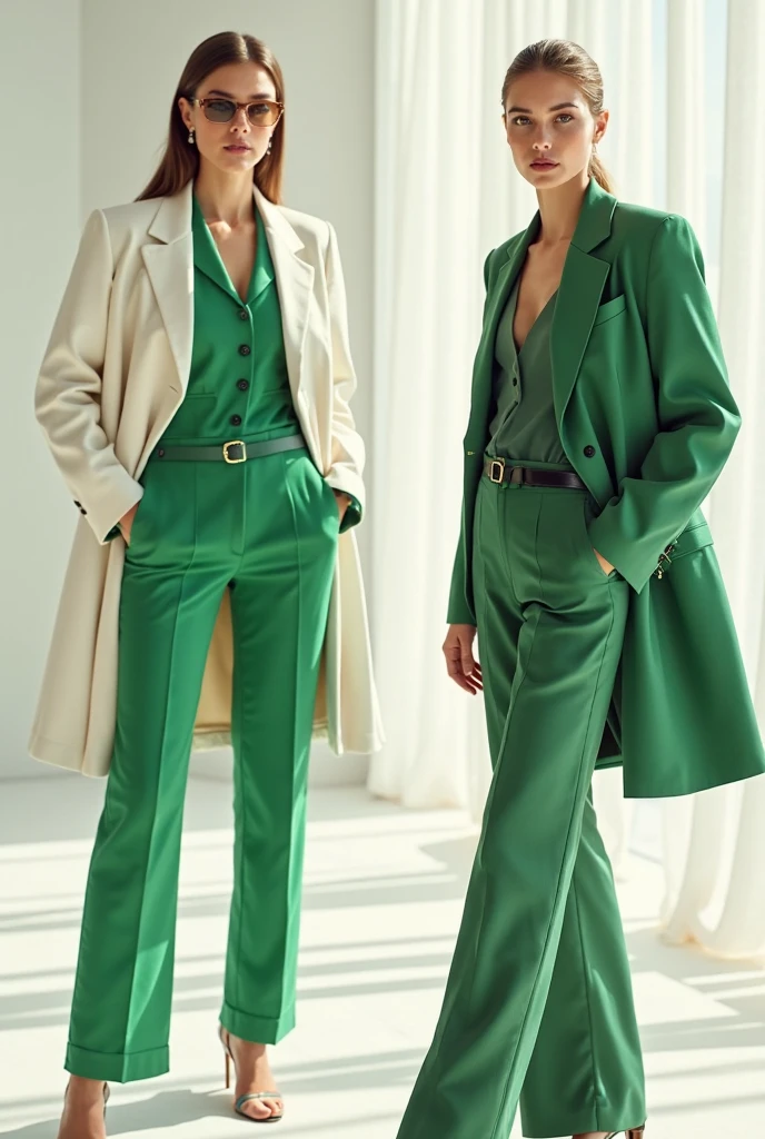 arafed image of a woman in a green dress and a woman in a green dress, wearing green clothing, green clothes, green clothing, wearing green, green tonalities, 2 0 2 0 fashion, monochromatic green, futuristic solid colors, green hue, wearing futuristic, green neon details, balenciaga fashion, green neon, olive green, neon green