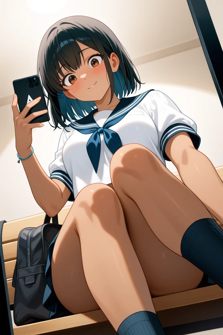 ​masterpiece、girl with、hi-school girl、School Uniforms、FULL ANATOMY、complete hands、complete fingers、lighting like a movie、Squatting、School Gate、I can see panties、Panties with patterns、Wearing childish panties、Wear cotton panties、Smartphone with detailed design, Super Detail、Operating a smartphone、Holding the mobile phone in one hand、(Look at her phone screen:1.4)、(Her gaze is on the screen of her smartphone:1.4)、Shoot head-on、She focuses on smartphones、Don't look at the camera