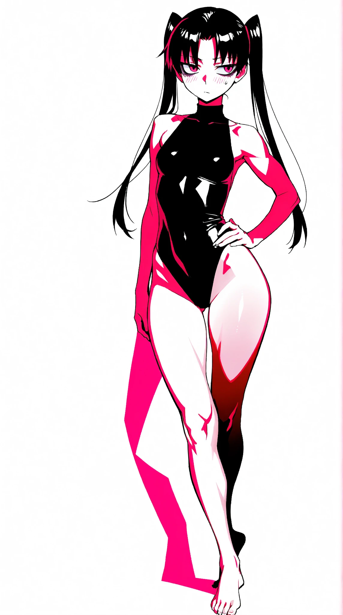 Ultra high quality, ultra high anatomy, 4K, masterpiece, a short girl is standing with hand on her hip, black hair, long hair, straight hair, symmetrical bangs, pink eyes, smirk, medium breasts, wide hips, medium thighs, white long dress, white elbow gloves, black open-toe heels