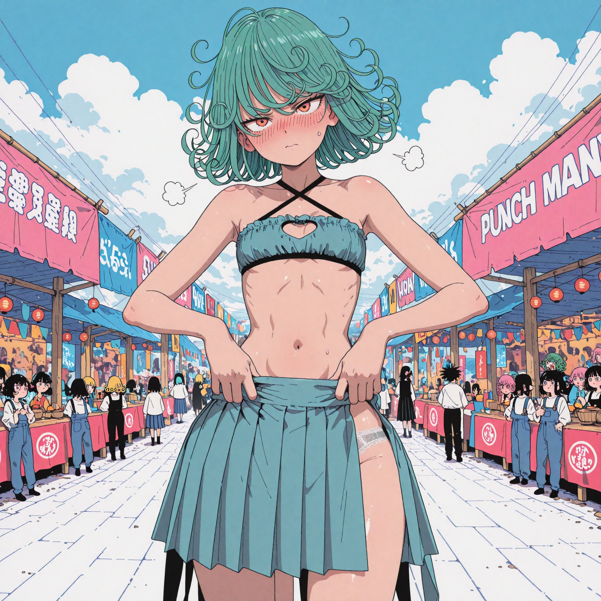 Ssxy woman, bra and panties, short green hair, knee high socks, sneakers, outside, on phone, busy street, casually standing, full body, crowded area, voyeurism