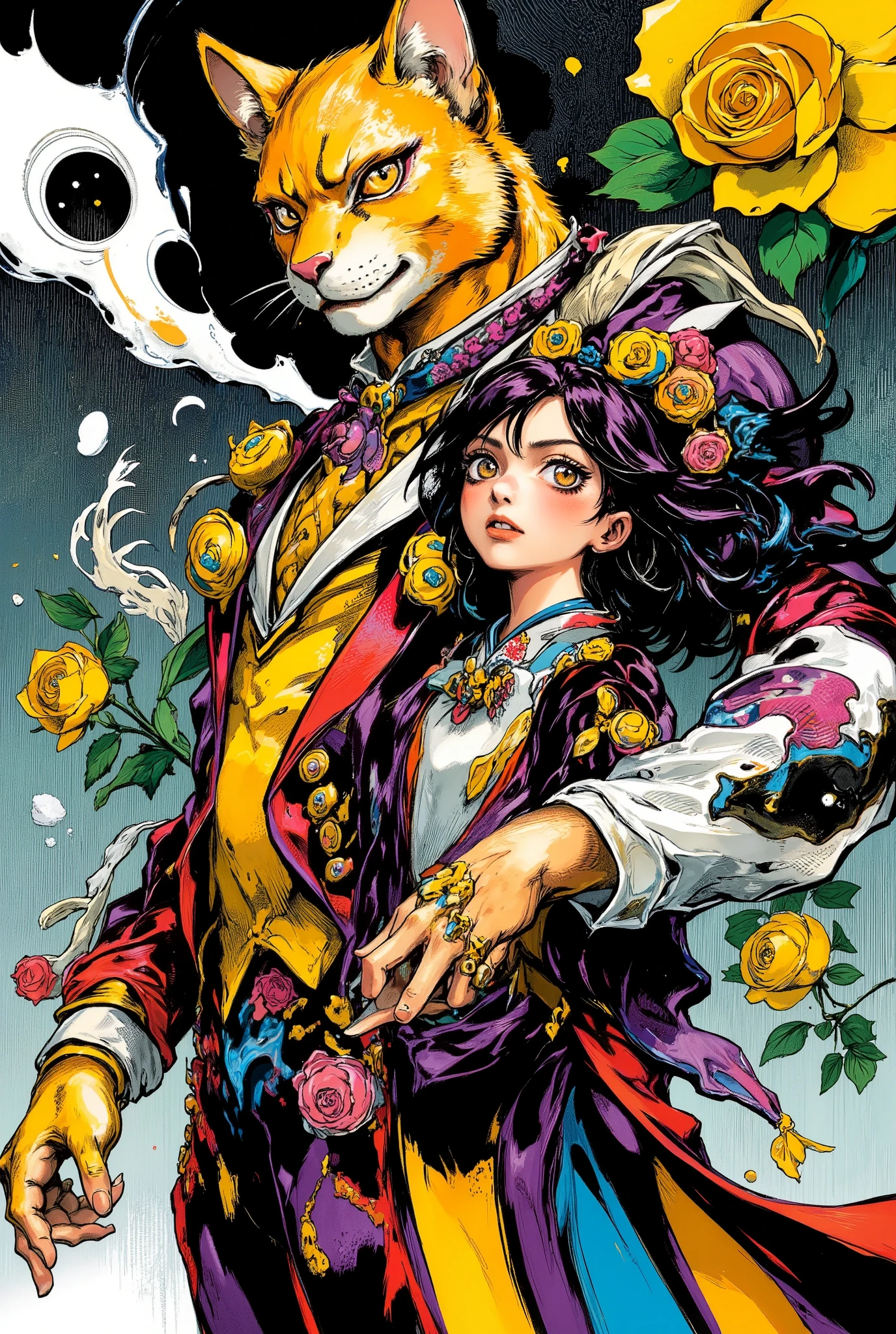 high-detail illustration in the style of Hirohiko Araki, featuring an anthropomorphic dandy cat with vivid yellow-orange fur and piercing eyes, wearing an elegant Victorian-style suit (like Baron), striking an exaggerated JoJo pose with a rose in hand, standing beside a high school girl in a Japanese uniform (Haru), who also mimics a dynamic pose with wide eyes and flowing hair, the background filled with swirling roses, dramatic shadows, gradient lighting, intense shading and colorful line art, manga-style onomatopoeia ("ドドドド", "ニャアア") echo behind them, JoJo's Bizarre Adventure meets Ghibli fantasy, ultra-detailed, high-contrast illustration, vivid color palette