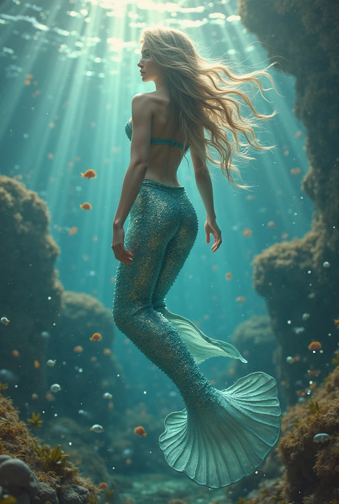 (masterpiece,Distinguished Quality,Mirror-like,Cinematic Experience,insanely detailed,absurdres),8k,full image shot, wallpaper,(Ray Tracing),Physically Based Rendering,Ultra-fine painting.(1 female),(Her skin gradually turns into iridescent scales as it reaches her hips:2.0), (seamlessly merging into a long, elegant mermaid tail:2.0),(Random colored tail, reflecting light like a fish in the sun:2.0),(Realistic female mermade nude2.0),(Beautiful Face),(Beautiful Eyes),(Perfect Eyes:1.6),(Glowing Skin:1.2),(Random Hairstyles),(Random hair color)BREAK,(Big Breasts),,(Functional),(Voluptuous),(front:2.0),(Mermaid:2.0),(look at me),(Detailed hands:2.0),(Beautiful female hands:2.0),(Portrait of the SeaGoddess,Cosmic aura, underwatersea magic, (Iridescent particles:2.0), Diffuse reflection of light),(She is floating leisurely in the underwater sea.:2.0)