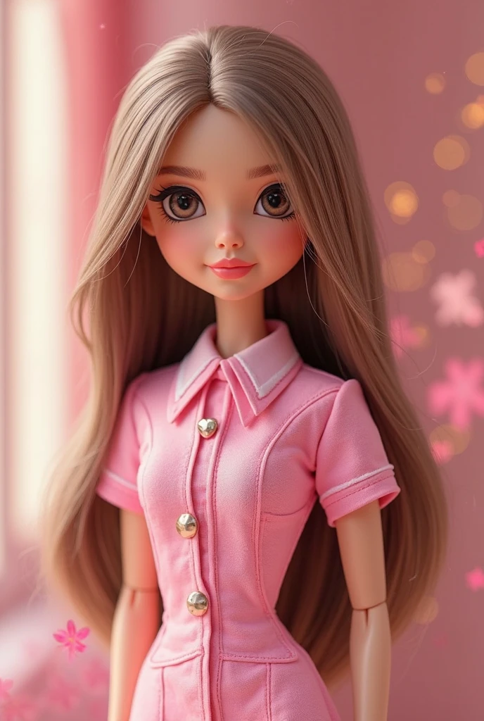 blythe doll with brown eyes, blonde and pink hair with brown and blonde eyebrows, with pink clothes