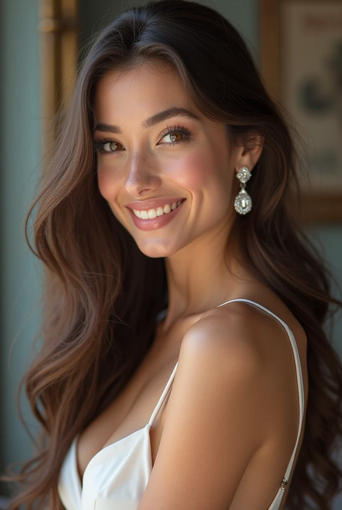 Brune, Brown eyes, white dress, faussette, grand frond, ssmile