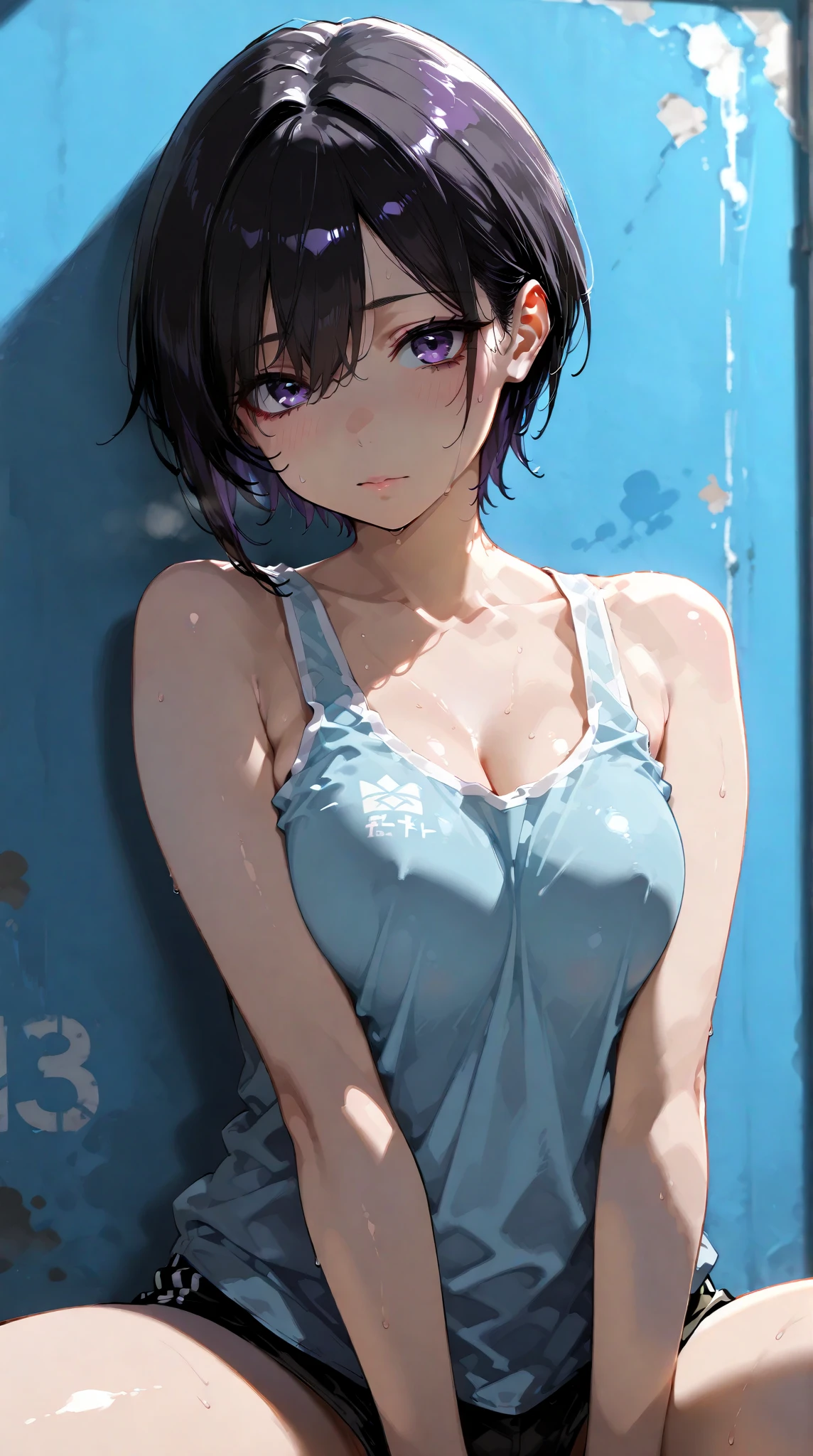 Juri Han,Masterpiece, Best Quality, 1girl, report, crop-top, jean shorts, Choker, (graffiti:1.aint splatter, (Hands Behind Your Back), Against a wall, looking a viewer, A bracelet, thigh strap, Paint on the body, tilt of head, bored, fiery hair color, Rainbow-colored eyes,juri han,rosto yandere,brava,Olhando para o Viewer, Serious, irritado), Rosto detalhado

