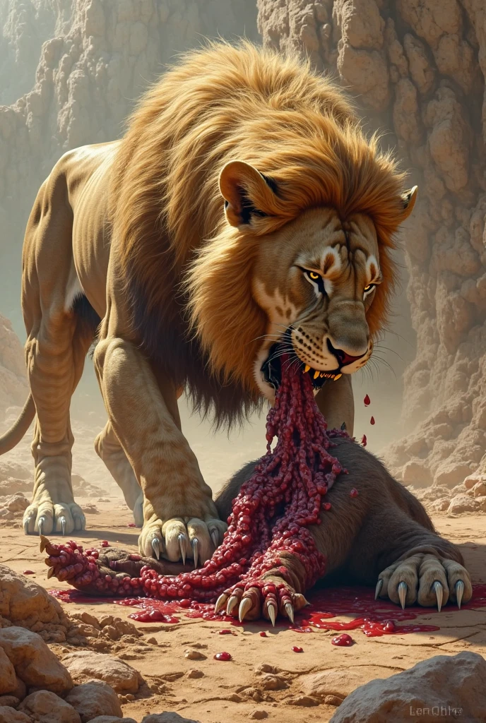 Lion eating dead leopard