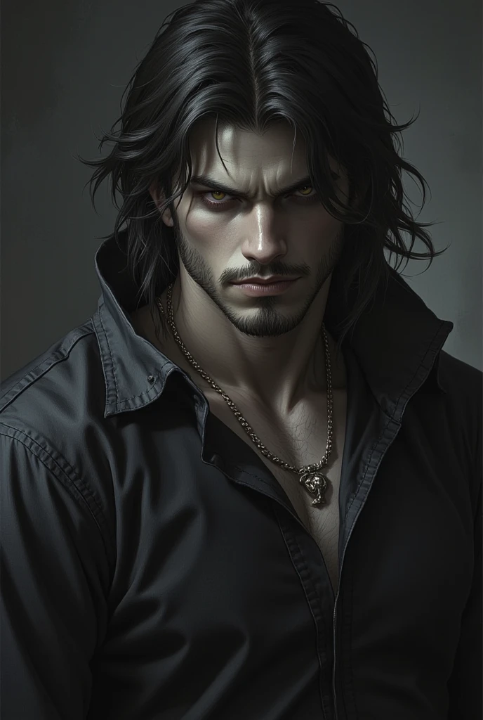 He has a sharp, narrow face, pale skin, black hair, and is muscular.