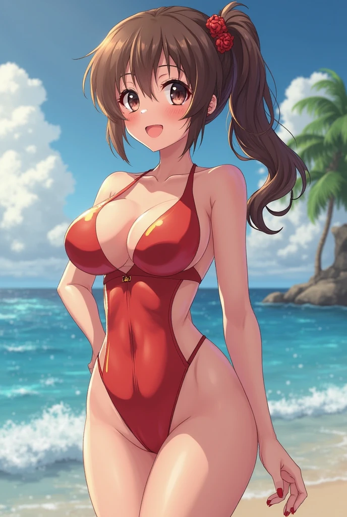 masterpiece, best quality, beautiful art, high resolution, well formed hands, body and fingers, 1 woman, solo, Ui Wakana, long hair, adult, big breasted, cleavage, hair ribbon, wearing a Tyris Flare outfit, full body, sexy and skimpy bikini, gorgeous legs and thighs , dancing seductively and erotically, turning backwards and forwards, showing her back and front, showing her butt, t -back, bikini thong, smiling joyfully, looking at the viewer, flirting, beach environment