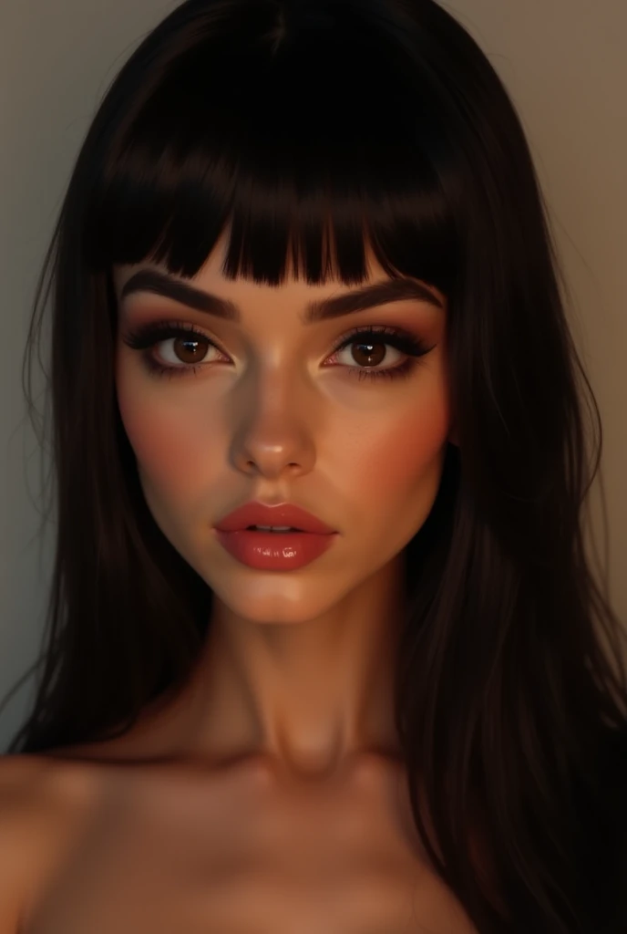 masterpiece, best quality:1.4), portrait Solo, female, woman, 26 anos, voluptuosa, big tits, european, castanhos eyes, , soft hair, black hair, ,lon bangs, long black hair, morena, cute,