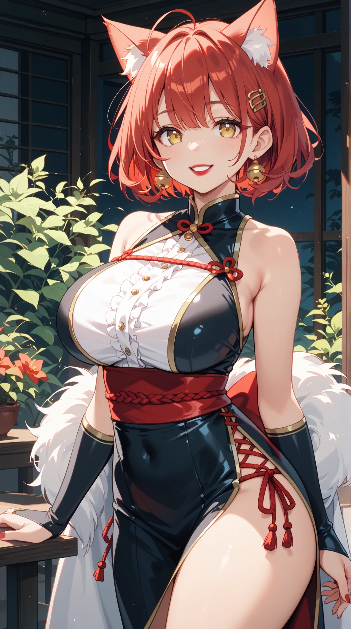 woman, sexy pose, big breasts, curvy, smile, bob haircut, sexy china dress, redhead