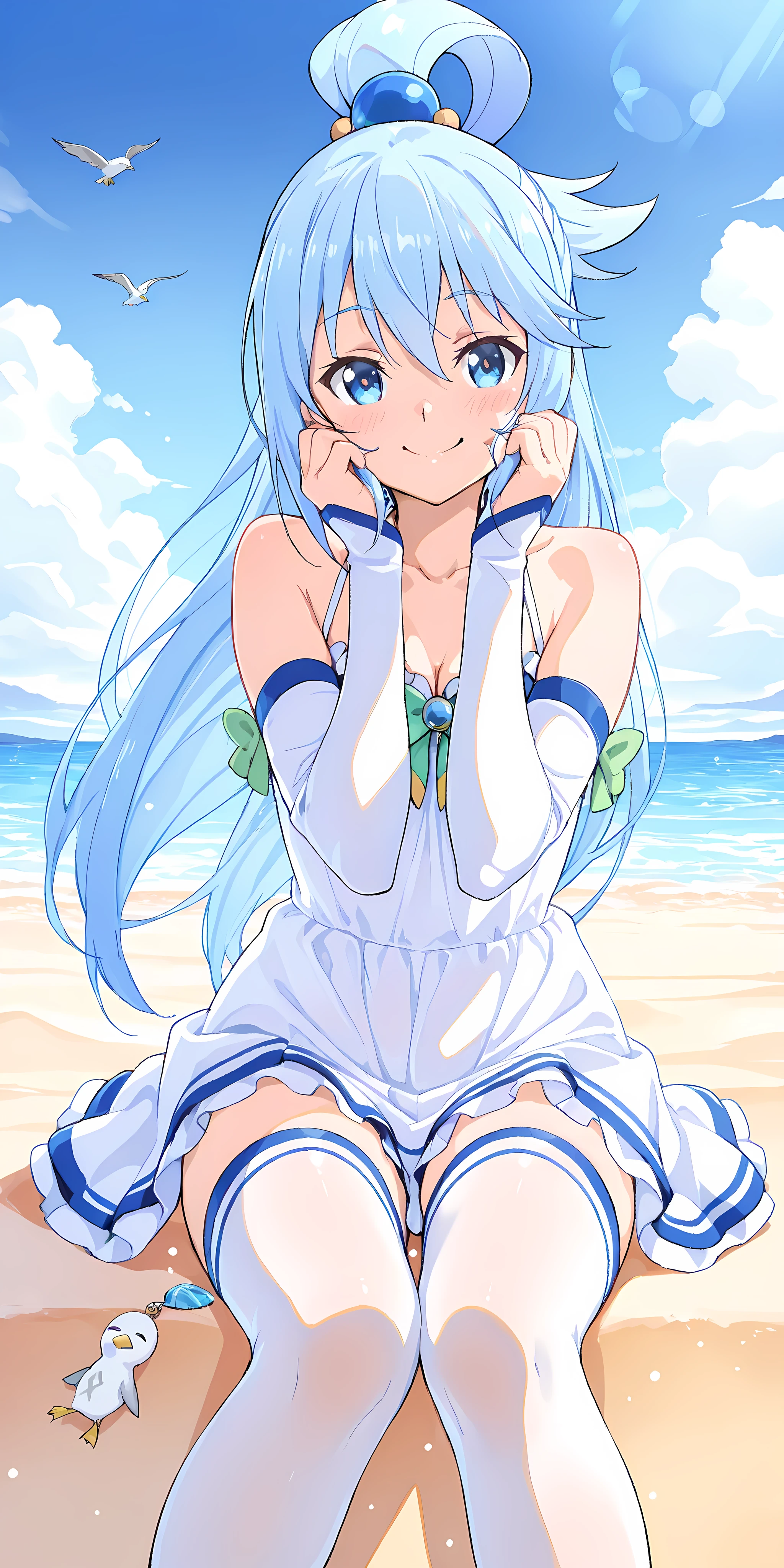 masterpiece, best quality, 1girl, beach, blue eyes, blue hair, dress, ikamusume, long hair, tentacle hair, , steam, steaming body, armpits, <lora:my_LoRA_ikamusume_v1:0.7>